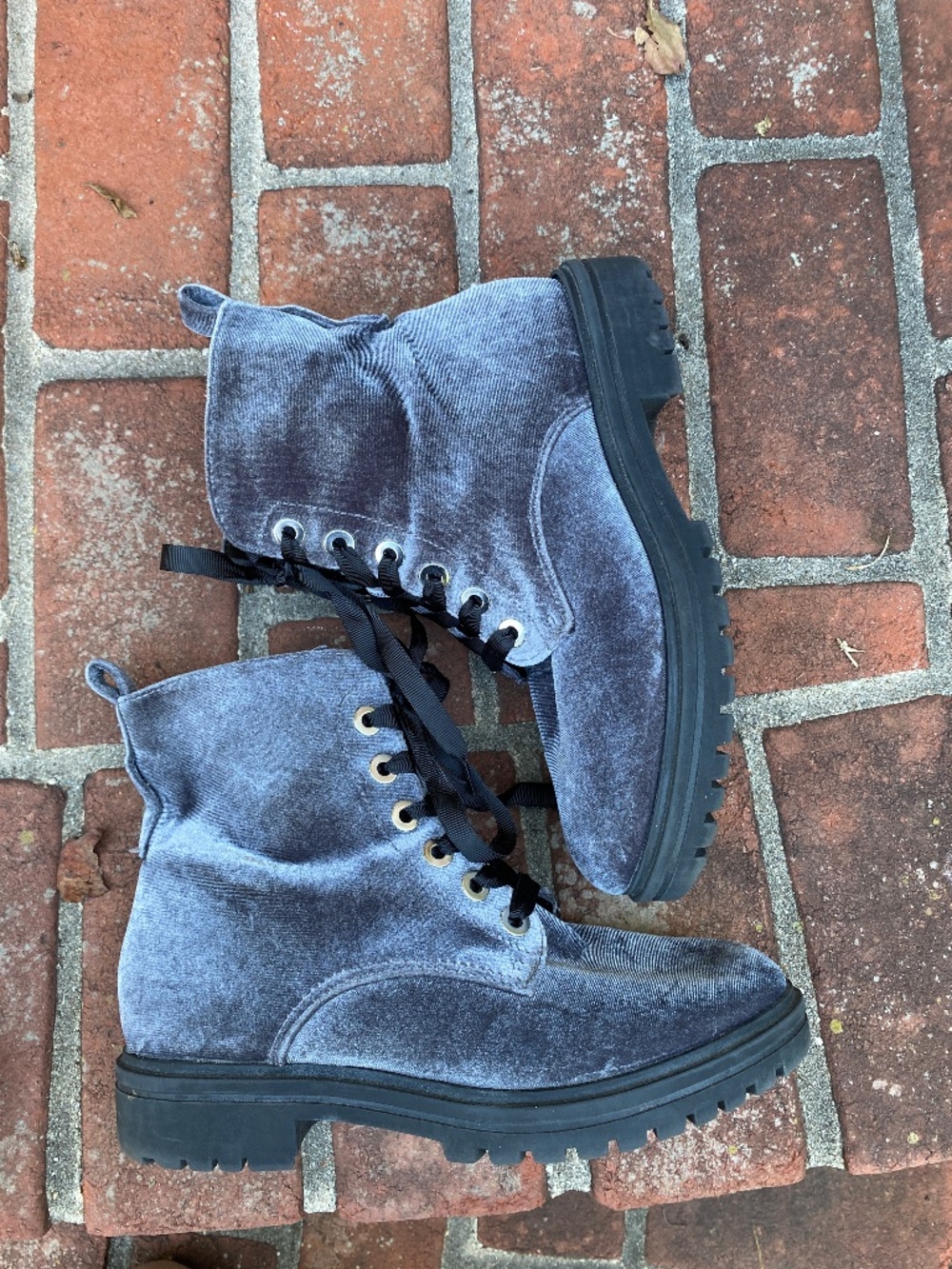 Mossimo Gray “Rihanna” Velvet Lace-Up Combat Boots with Ribbon Laces